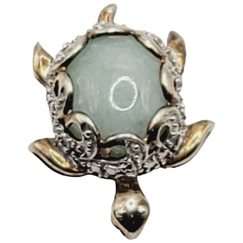 Sterling Silver 925 Vermeil Turtle Necklace Pendant Natural Jadeite and Diamonds - Picture 6 of 13